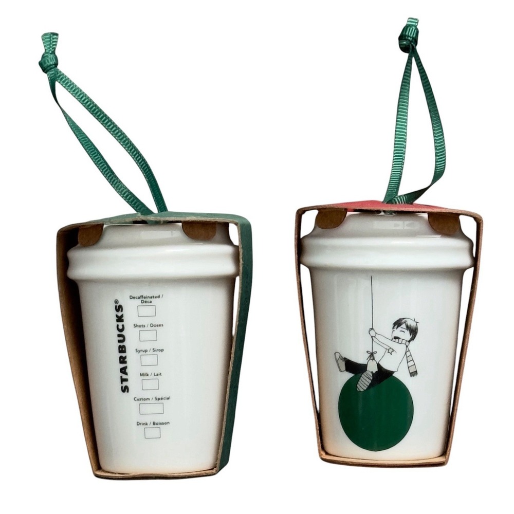 Starbucks Boy w Balloon & White Cup Ornament Lot of 2